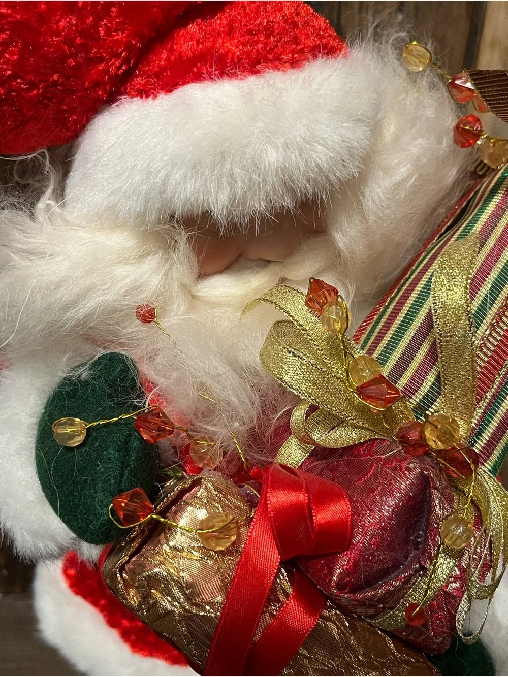 Pier 1 Red and White Santa with Green Gloves and Gold Accents
